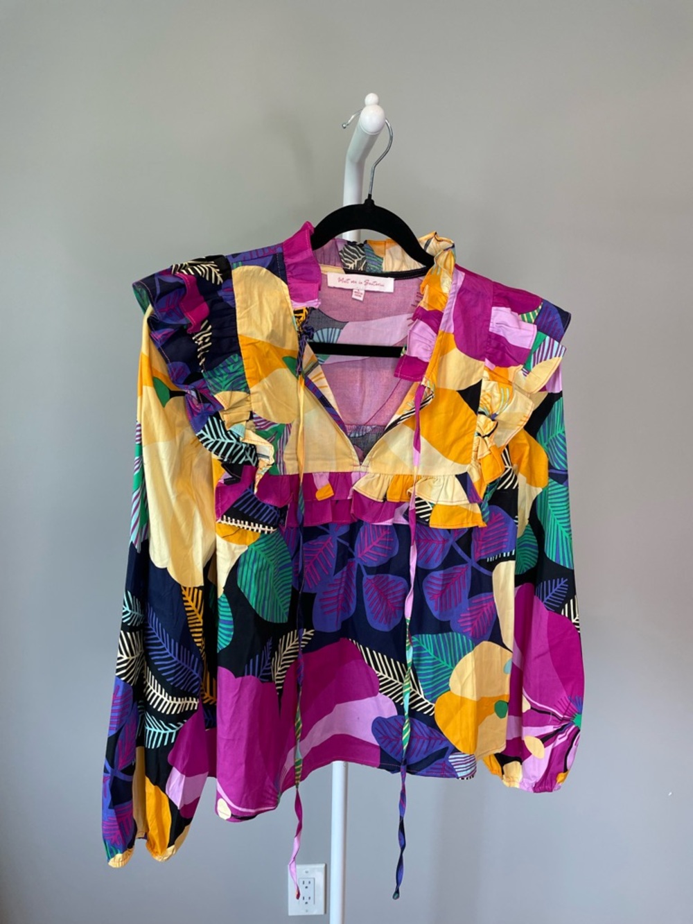 Meet Me in Santorini Multicolor Ruffle-Trim Printed Blouse - Large NWOT